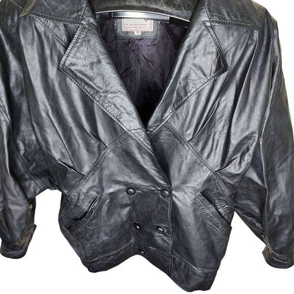 Vintage 80s Oversized Leather Jacket Womens Size M Black Double Breasted Shoulde - Picture 2 of 8
